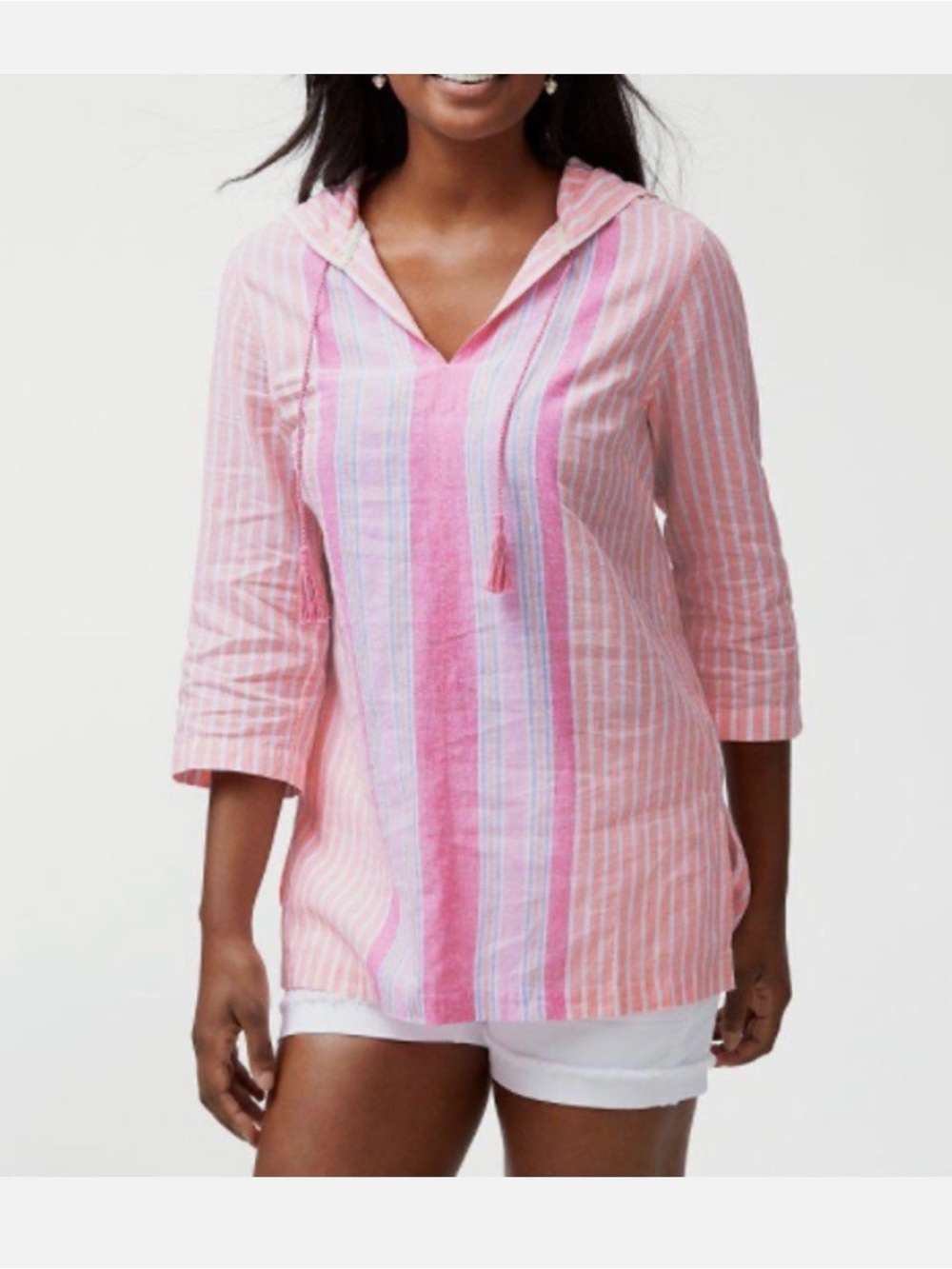 Tommy Bahama Pink Striped Hooded Tunic Top